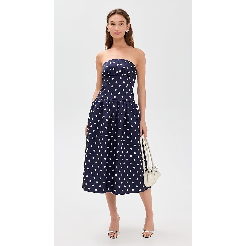 Self-Portrait Navy Polka Dot Satin Strapless Midi Dress US 2